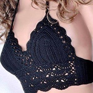 Black Knitted Crochet Halter Crop Top